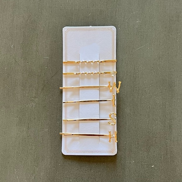 Gold WISH Individual Bamboo Texture Letters Rhinestone Six 6 Piece Bobby Pin Set - Picture 1 of 2